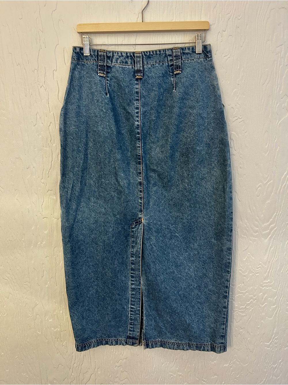 VINTAGE Cotton Ginny Denim Midi Skirt Blue Button Front Slits Sz 8/10 Summer - Picture 2 of 3